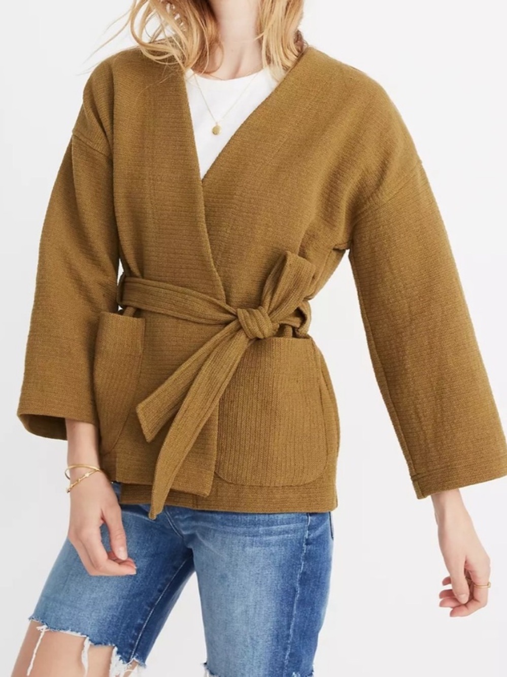 Madewell x Texture & Thread Olive Brown Wrap Jacket Kimono Belted Cardigan